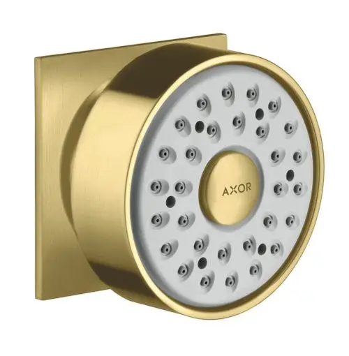 Wandmontierte Duschbrause in gebürstetem Messing, ausgestattet mit mehreren Düsen, von der Marke Hansgrohe, mit eckiger Form und schlichtem Design.